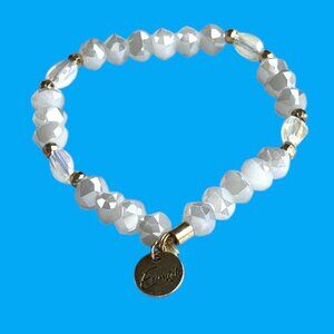 Erimish Soft Milky White Crystals Beaded Bracelet Logo Tag Stackable Stretch